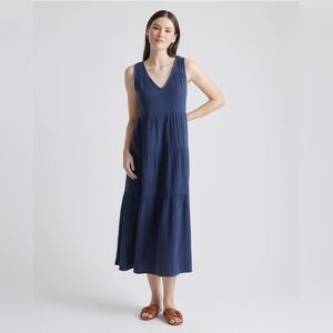QUINCE 100% Organic Cotton Gauze Tiered Maxi Dress Indigo Blue Size XL
